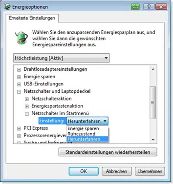 Vista Erweiterte Energieoptionen