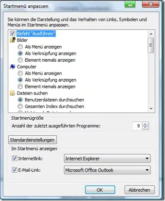 Vista Start Ausführen unter Vista aktivieren im Startmenü