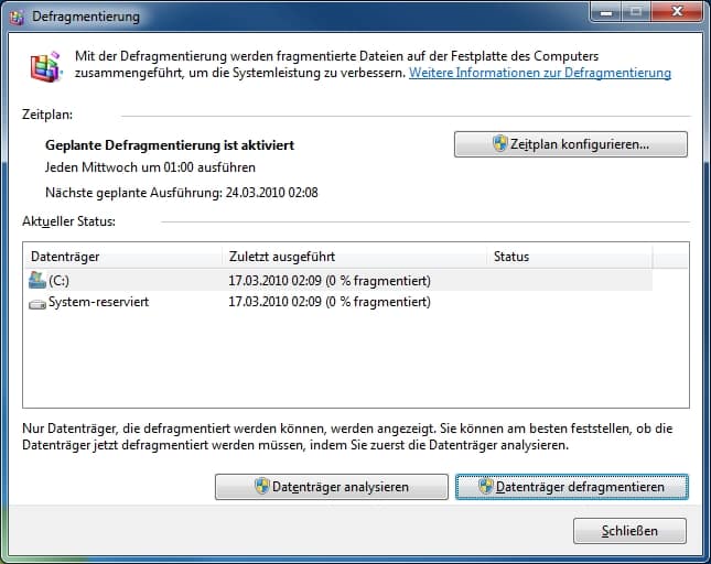 Automatische Defragmentierung bei Vista und Windows 7 deaktivieren