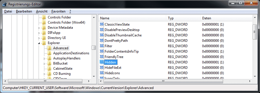 Registry Wert für versteckte Dateien im Windows Explorer
