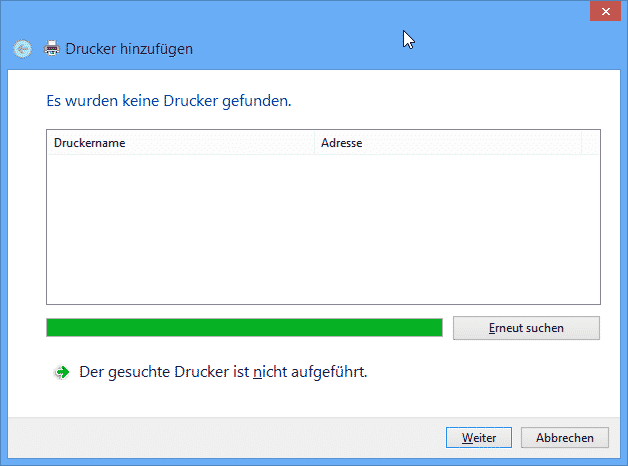 Der gesuchte Drucker ist nicht aufgeführt - Windows 8