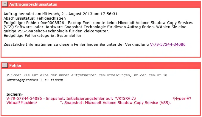 Backup Exec 2012 Snaphot Error 0xe0008526 (V-79-57344-34086)