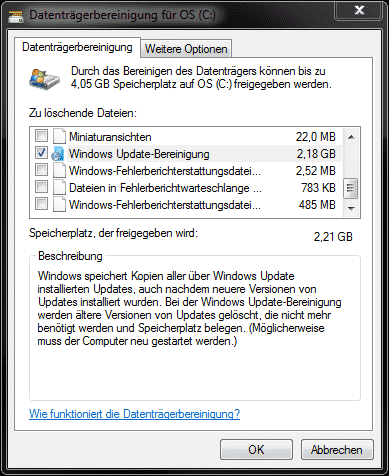 Datenträgerbereinigung Windows Update Bereinigung