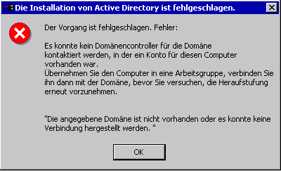 Die Installation von Active Directory ist fehlgeschlagen