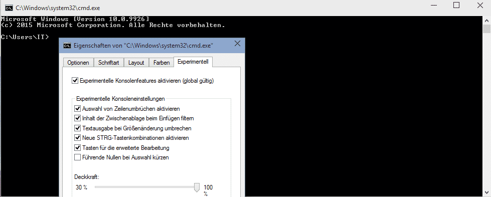 Experimentelle Konsolefeatures Windows 10