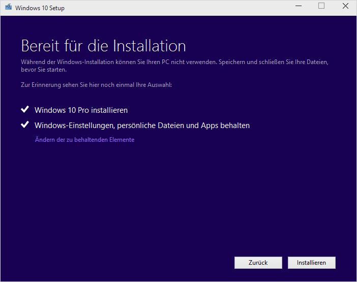Windows 10 Bereit für die Installation