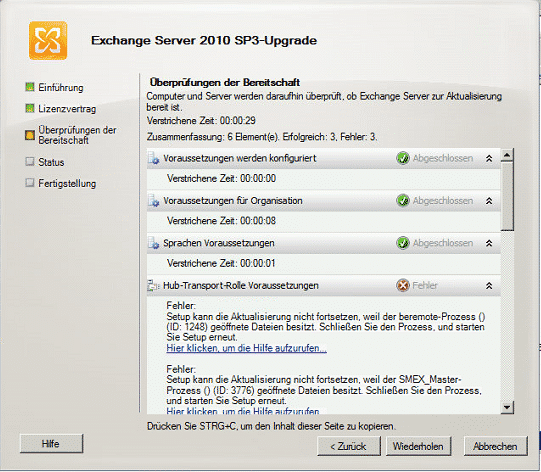 SP3 Fehler beim Update vom Microsoft Exchange 2010 (ID 1248 & 3776)