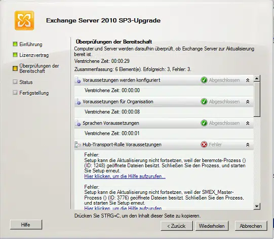 SP3 Fehler beim Update vom Microsoft Exchange 2010 (ID 1248 & 3776)