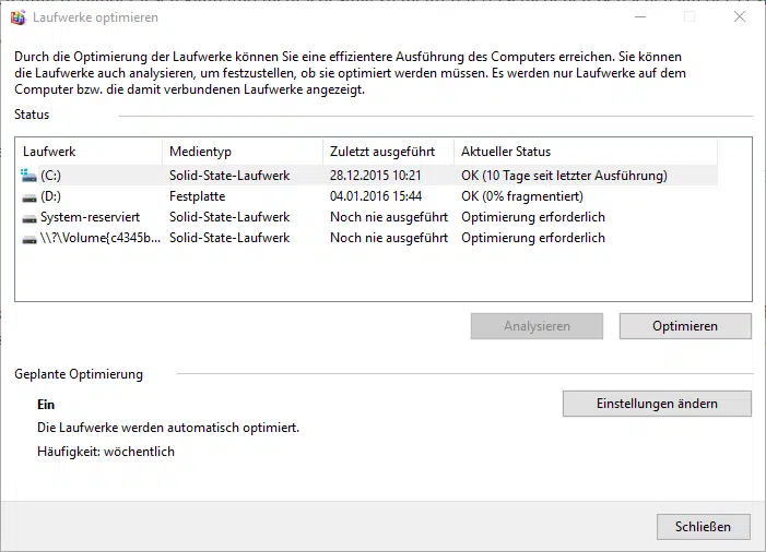 Automatische Defragmentierung ausschalten bei Windows 10