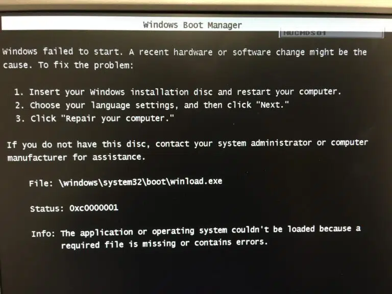 Windows failed to start – Winload.exe – Status 0xc0000001