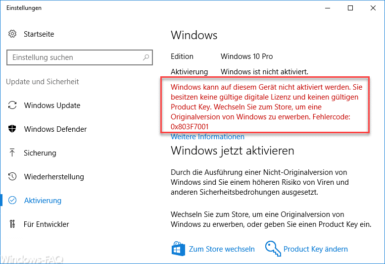 Windows kann auf diesem Gerät nicht aktiviert werden. 0x803F7001 