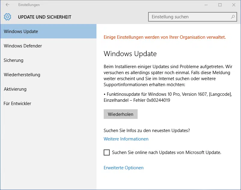 Windows 10 Update Fehler 0x80d02002, 0x80244019 und 0xc1800118