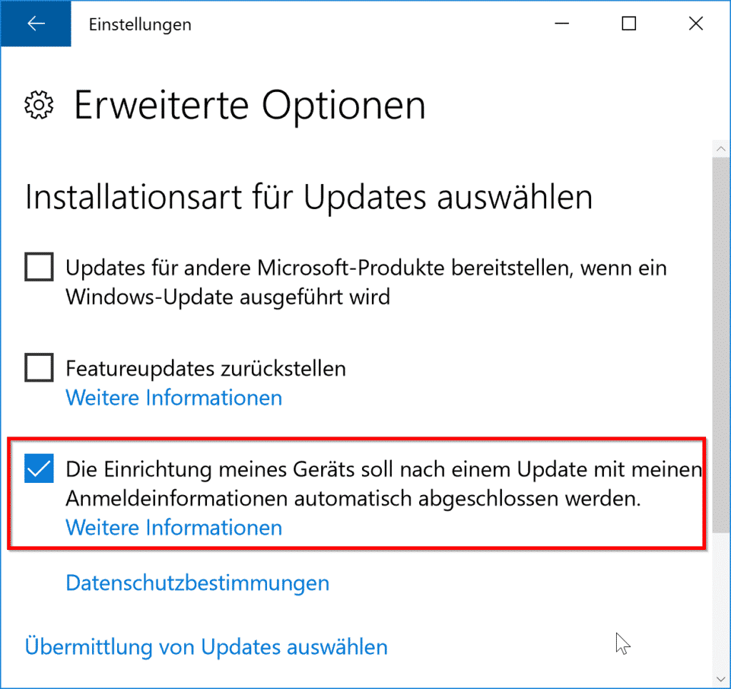 Windows Update - Die Einrichtung meines Geräts soll nach einem Update mit meinen Anmeldeinformationen