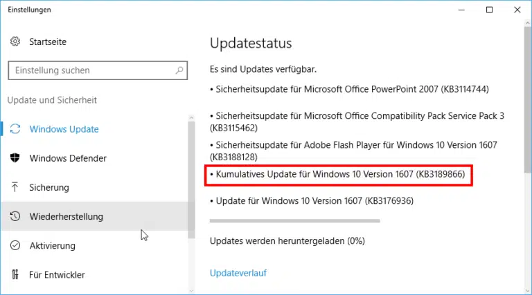 KB3189866 Update bleibt bei Windows 10 Installation hängen