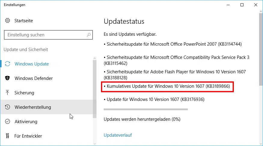 KB3189866 Update bleibt bei Windows 10 Installation hängen
