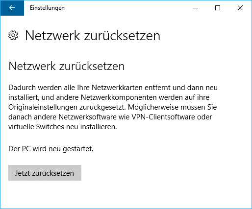 Netzwerk zurücksetzen bei Windows 10