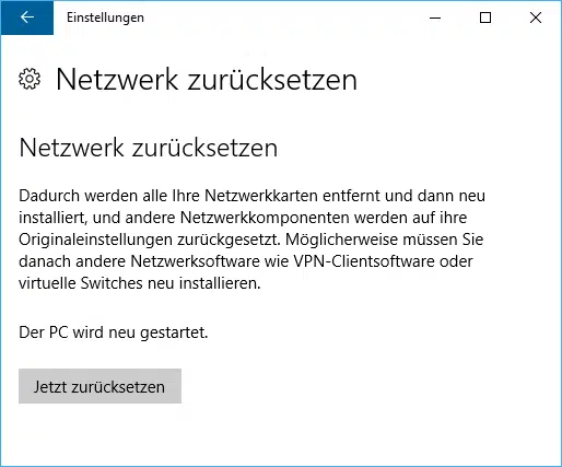 Netzwerk zurücksetzen bei Windows 10