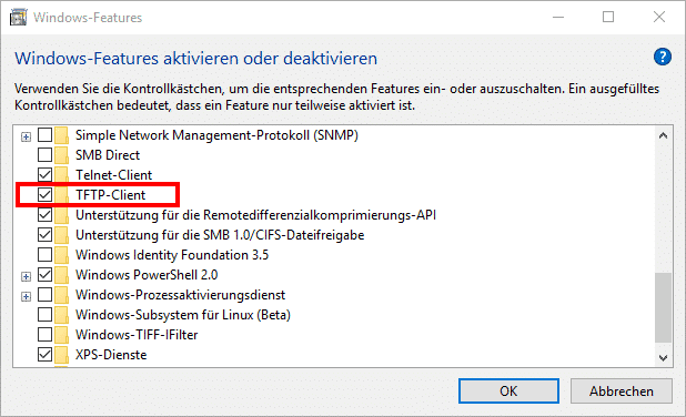 TFTP Client bei Windows 10 aktivieren