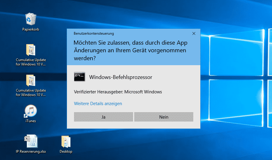 UAC Dialog auf Windows 10 Desktop anzeigen