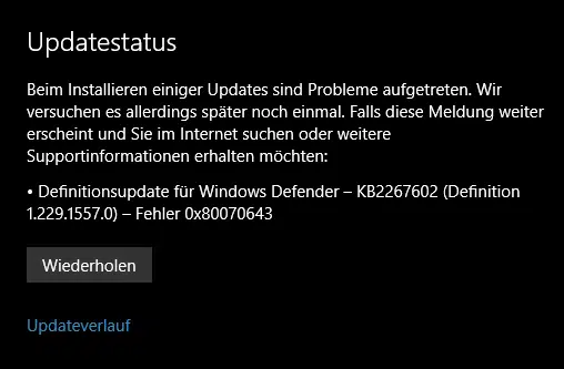 0x80070643 Windows Defender Update Fehler