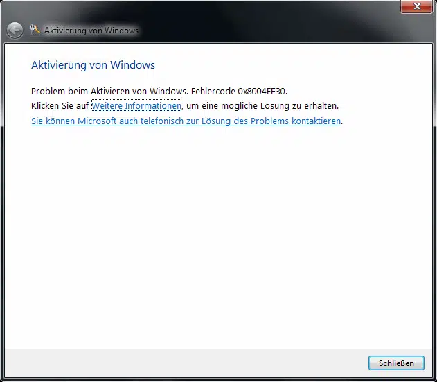 0x8004FE30 Windows Aktivierungs Fehler