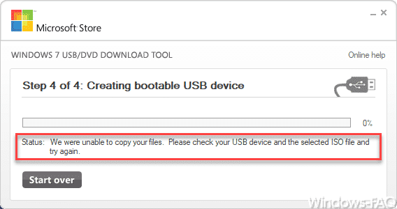 We were unable to copy your files. Please check your USB defice and the selected ISO file and try again.