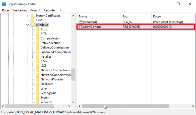 Cortana per Registry Eintrag abschalten