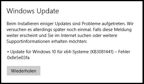 0x8e5e03fa Windows 10 Update Fehlercode