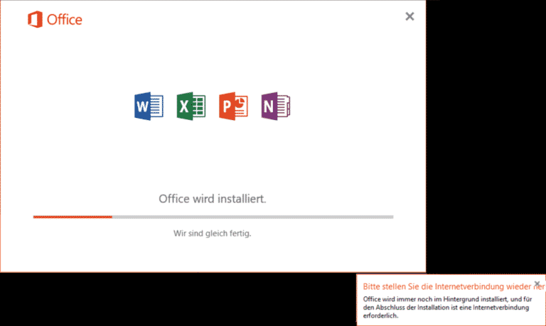 Office wird installiert – Bitte stellen Sie die Internetverbindung wieder her