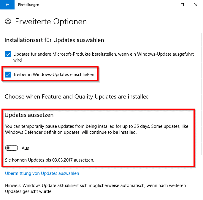 Windows Updates 35 Tage aussetzen bei Windows 10