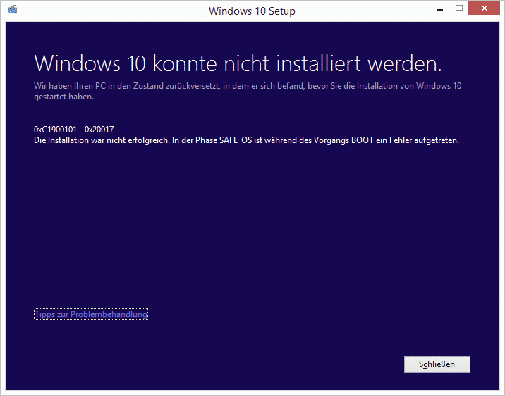 0xC1900101 - 0x20017 Windows 10 konnte nicht installiert werden - Windows  FAQ