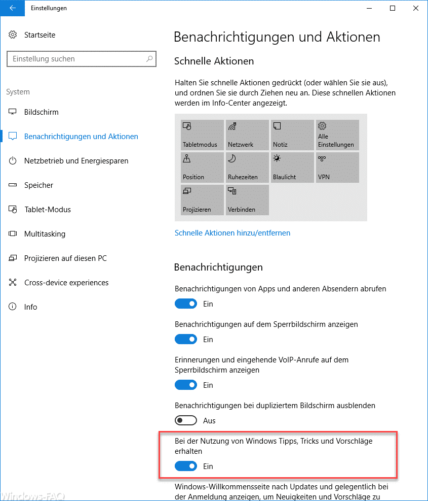 Windows 10 Benachrichtigungen und Aktionen