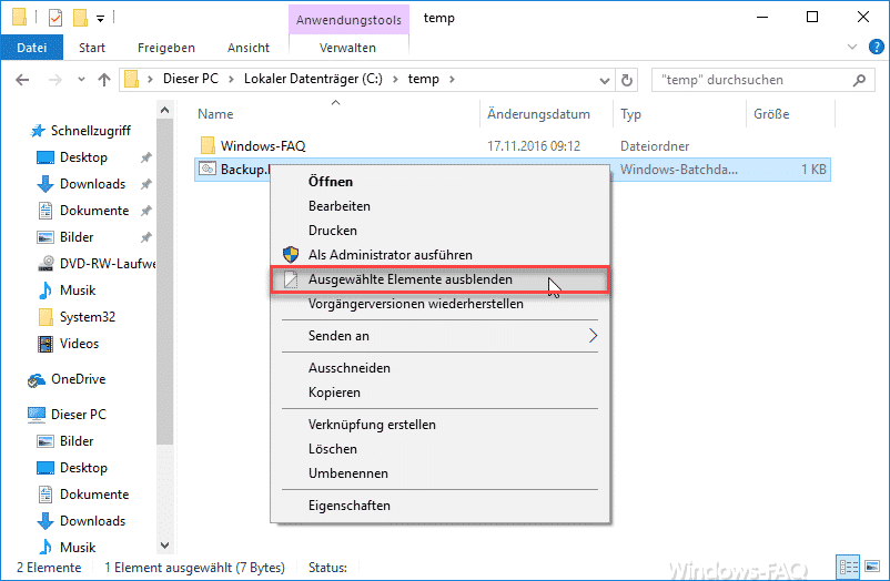 Windows Explorer um „Ausgewählte Elemente ausblenden“ im Kontextmenü erweitern