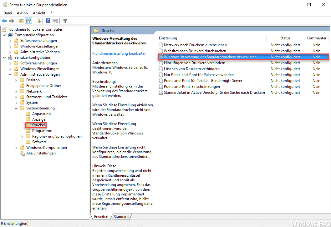 Windows-Verwaltung des Standarddruckers deaktivieren
