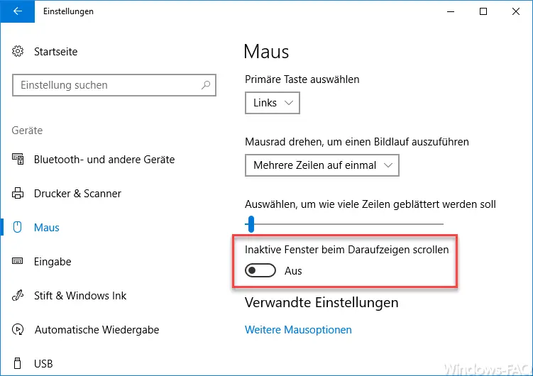 Inaktive Fenster beim Daraufzeigen scrollen – Windows 10 Maus Einstellung