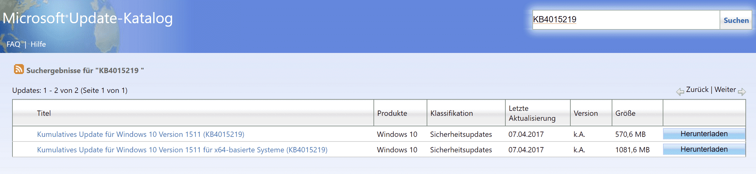 KB4015219 Update für Windows 10 Version 1511 Build 10586.873