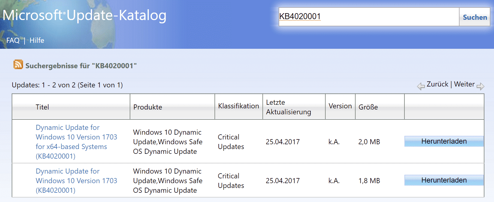 Update KB4020001 für Windows 10 Version 1703 Creators Update