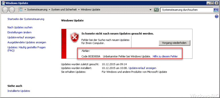 Windows Update Fehlercode 803D000A