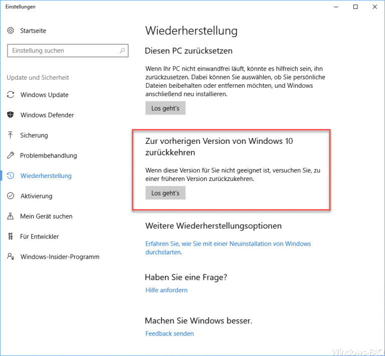 Windows 10 Creators Update deinstallieren oder zur vorherigen Windows-Version zurückkehren