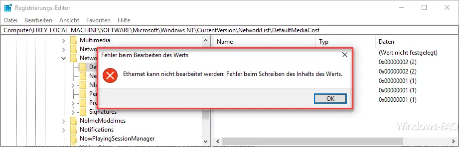 Ethernet kann nicht bearbeitet werden: Fehler beim Schreiben des Inhalts des Werts.