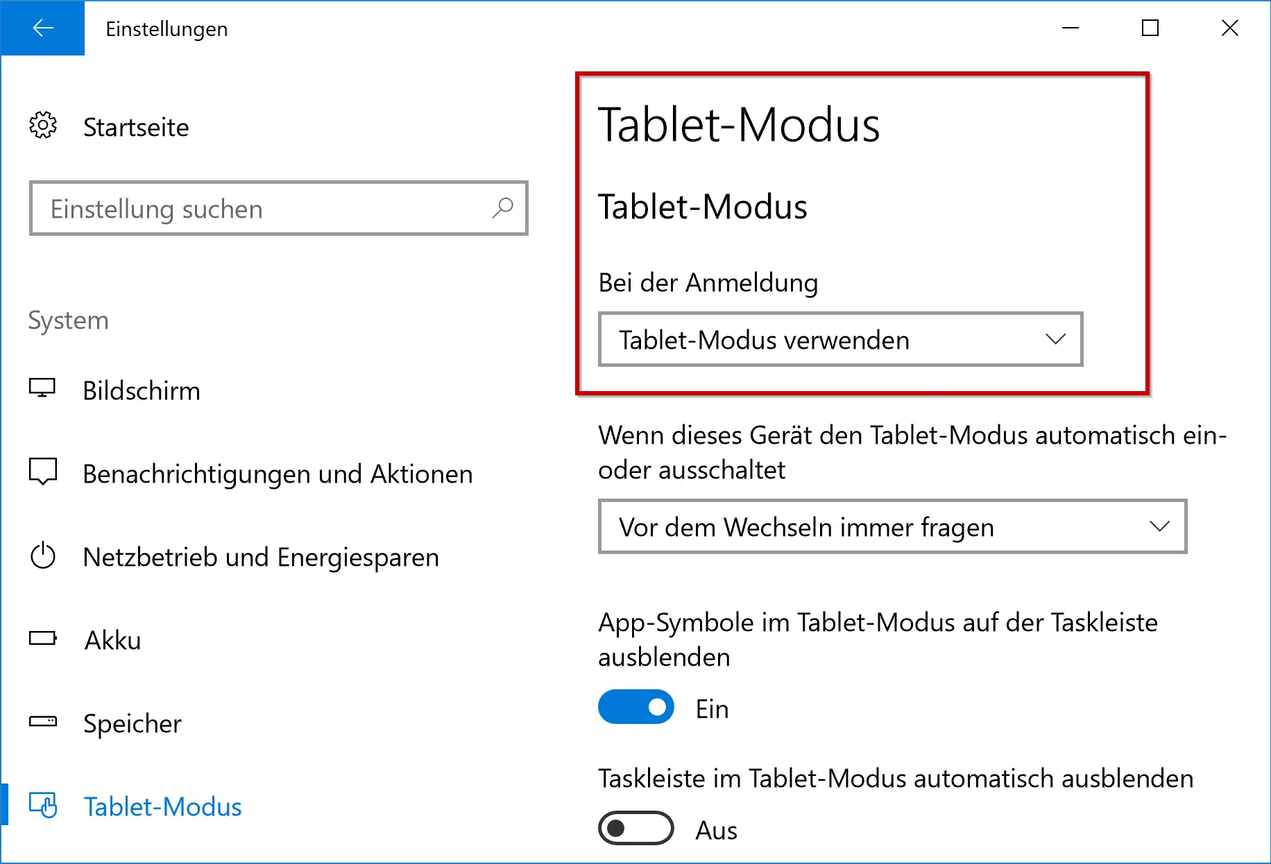 Bei der Anmeldung - Tablet Modus verwenden
