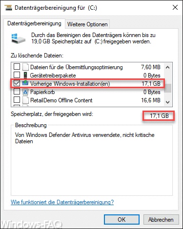 Datenträgerbereinigung vorherige Windows-Installationen