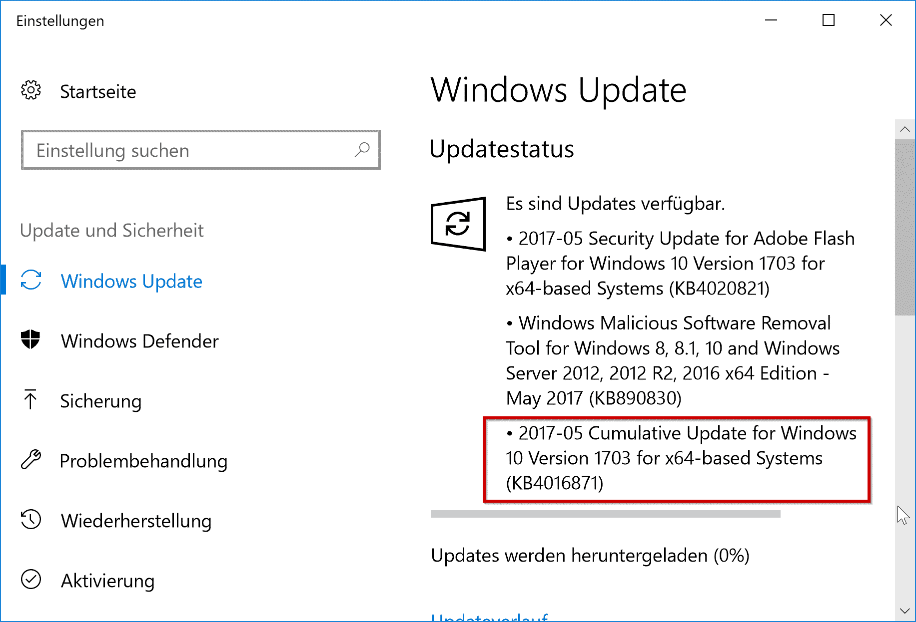 KB4016871 für Windows 10 Creators Update Version 1703 Build 15063.296 und 15063.297