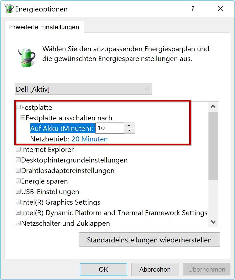 Windows 10 Erweiterte Energieoptionen für die Festplatte