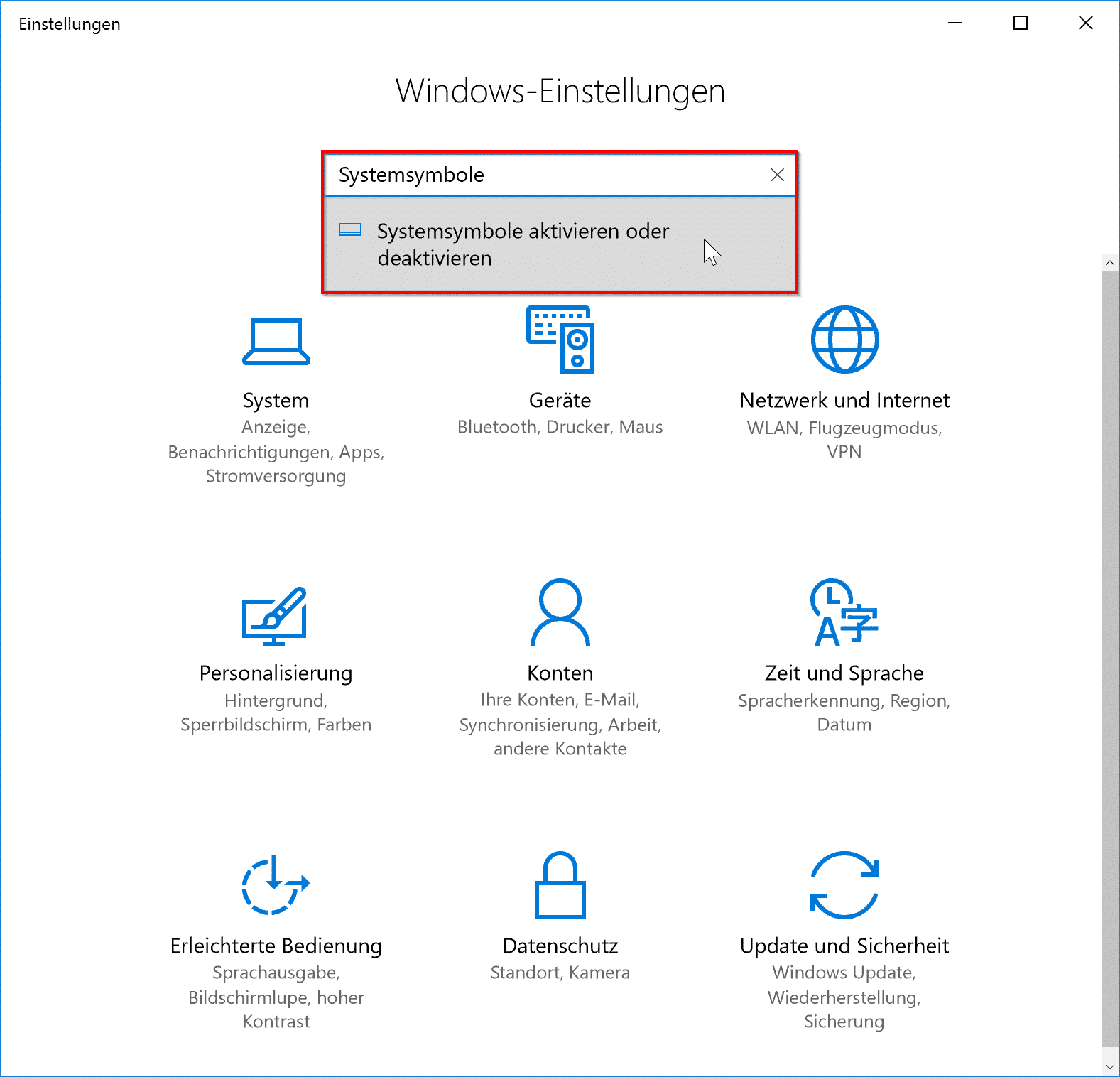 Windows 10 Systemsymbole aktivieren oder deaktivieren