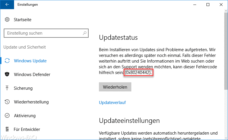 0x80240442 Fehlercode Windows Update