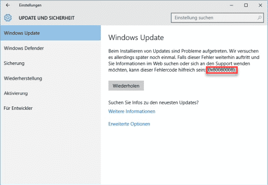 Windows Update Fehlercode 0x80080008