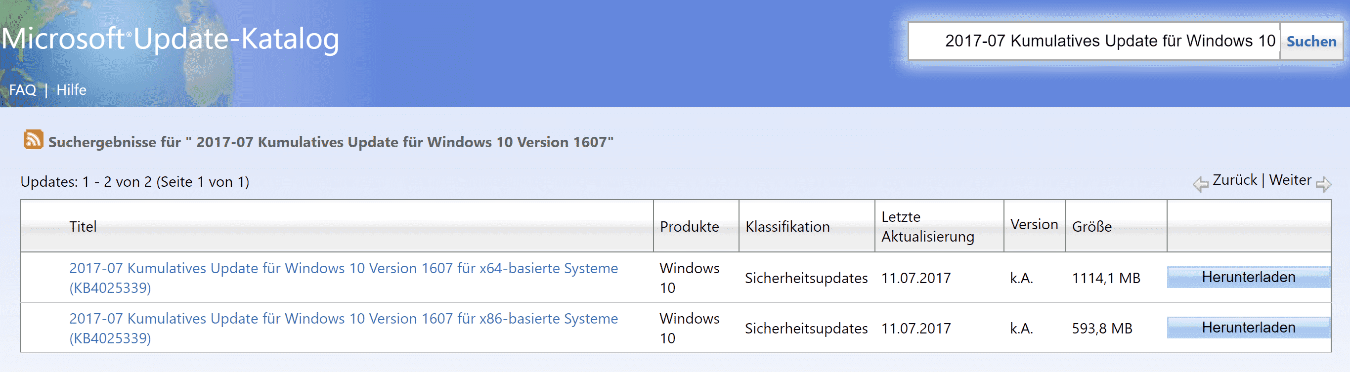 2017-07 Kumulatives Update für Windows 10 Version 1607