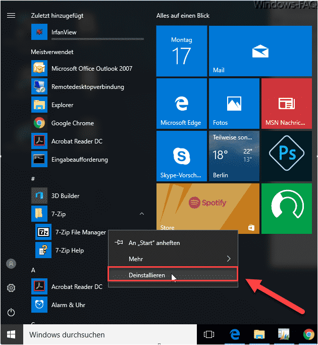 Deinstallieren im Windows 10 Startmenü