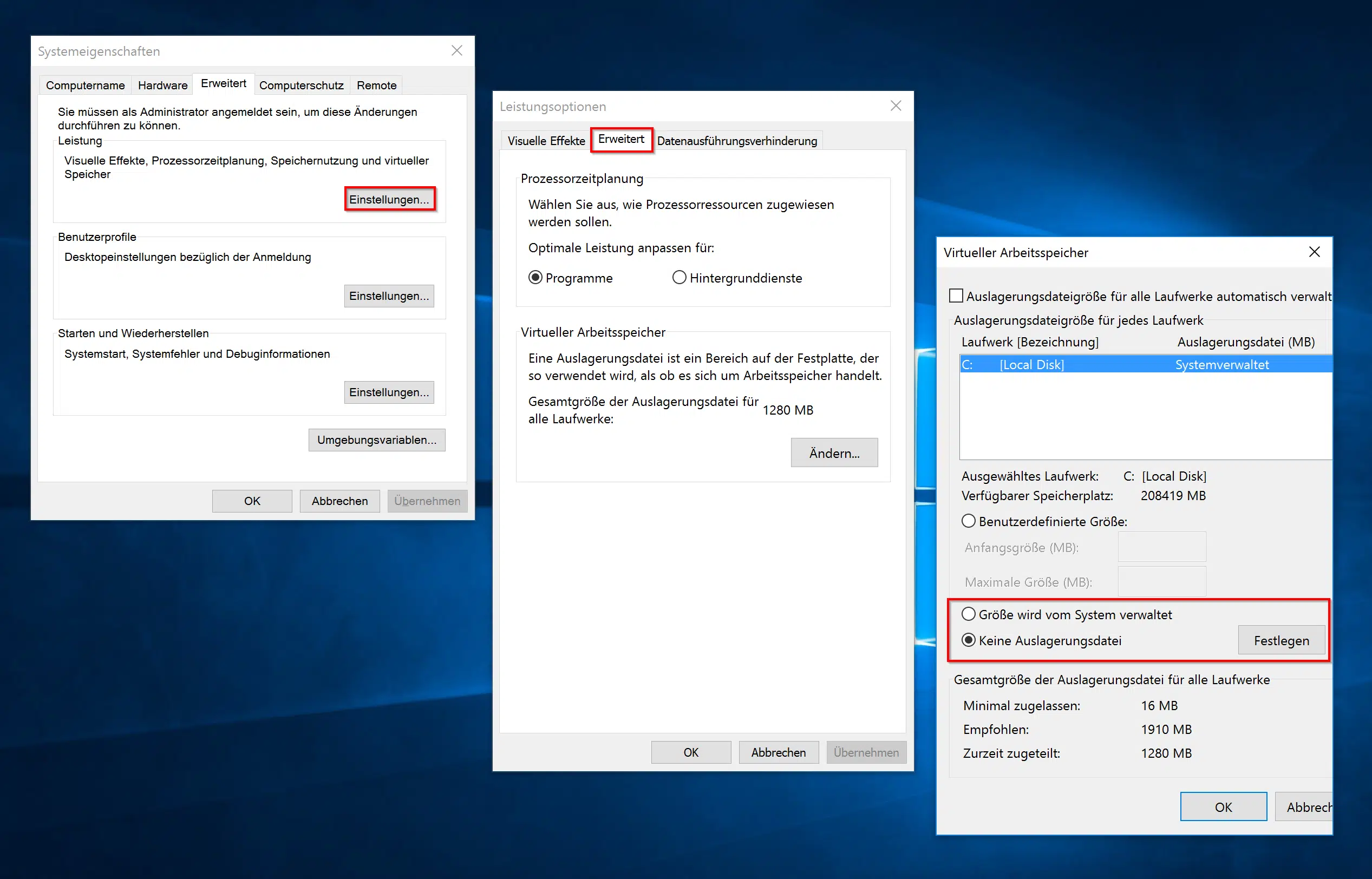 Windows Auslagerungsdatei deaktivieren